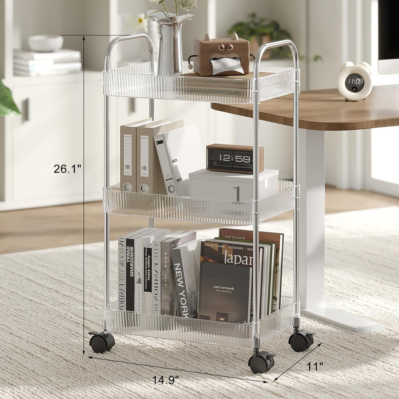 3 Tier Rolling Cart with Wheels,Utility Trolley with Handle,Clear Acrylic Movabl gallery