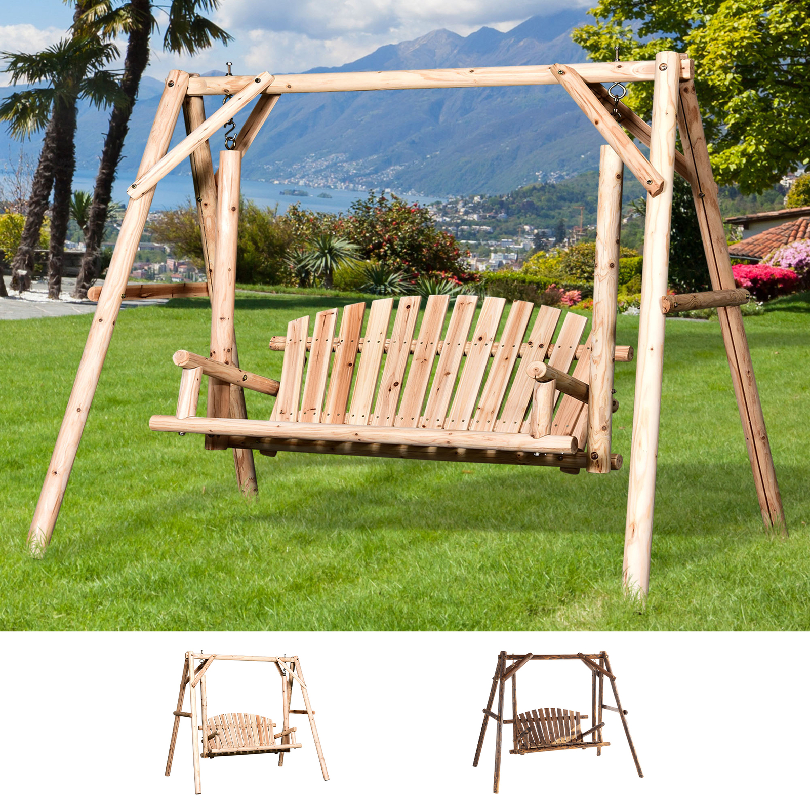 Freestanding Wood Adirondack Swing Rustic Farmhouse Style 2 Person gallery