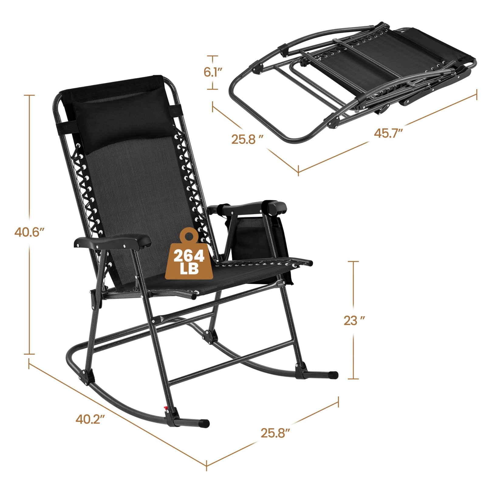 26in Rocking Chair Outdoor Zero Gravity Folding Chairs Rocking Chairs, Black gallery