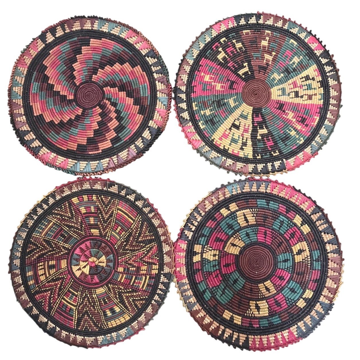 Vtg African Coiled Flat Baskets 4 Mismatched Geometric Boho Trays Placemats gallery