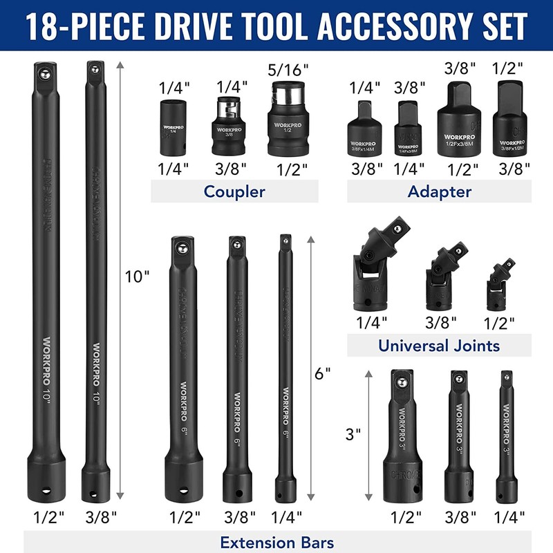 WORKPRO 18-PCS Drive Tool Accessory Set 1/4"&3/8"&1/2" Socket Adapter Extensions gallery