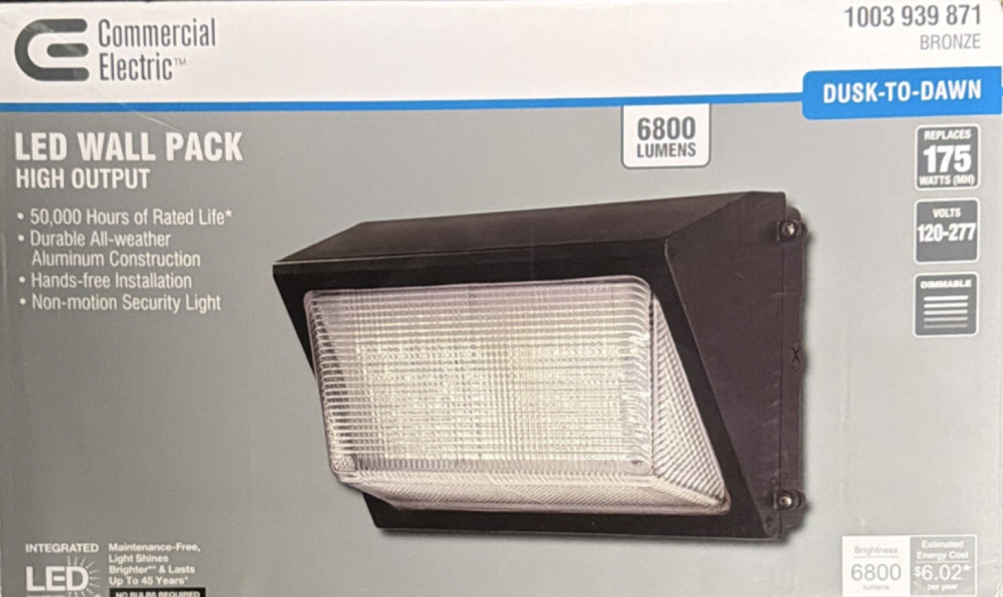 Commercial Electric LED Wall Pack Bronze Dusk-to-Dawn 6800 lm ETL 120-277V gallery