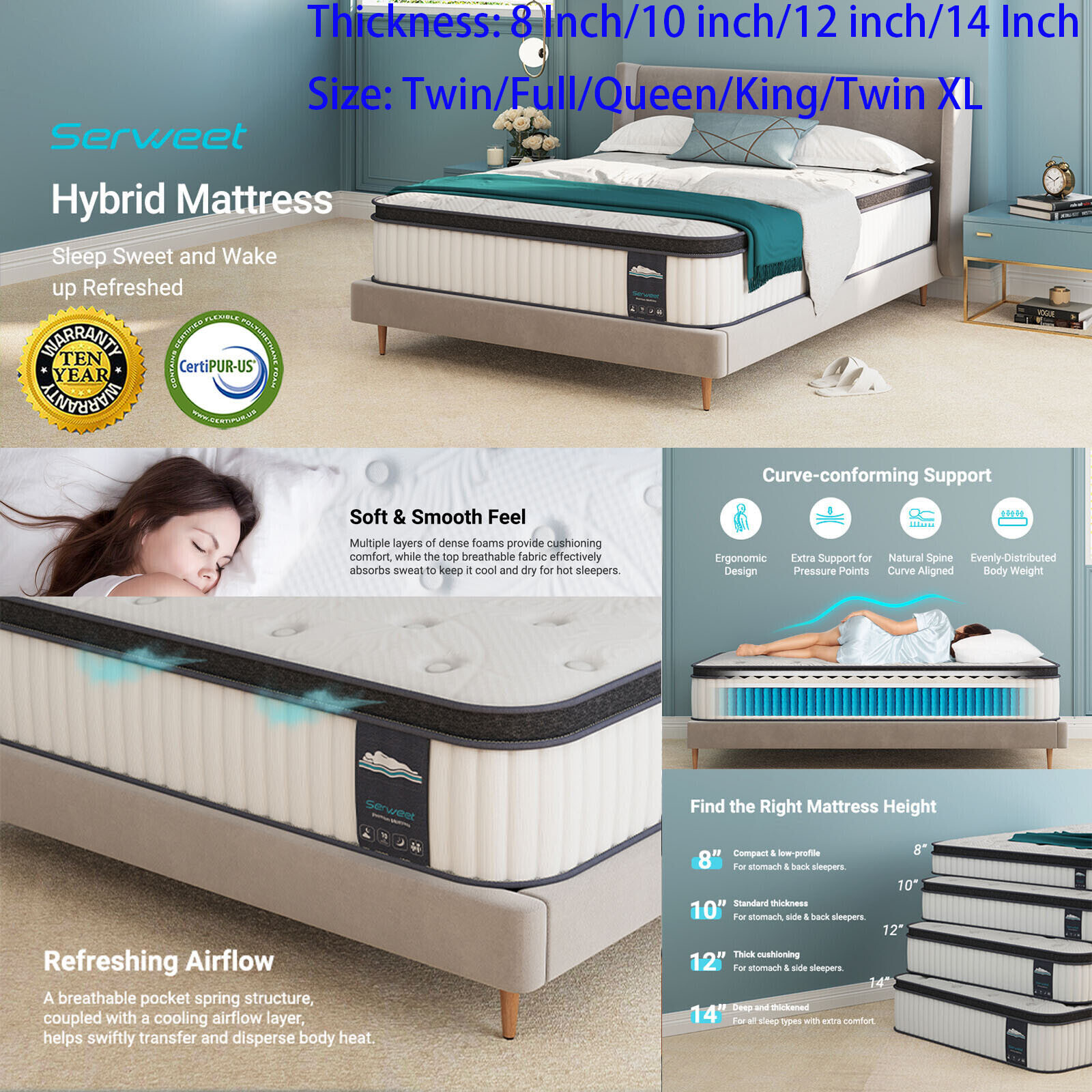 8" 10" 12" 14" Memory Foam Mattress Topper Twin Full Queen King Twin XL Size NEW gallery