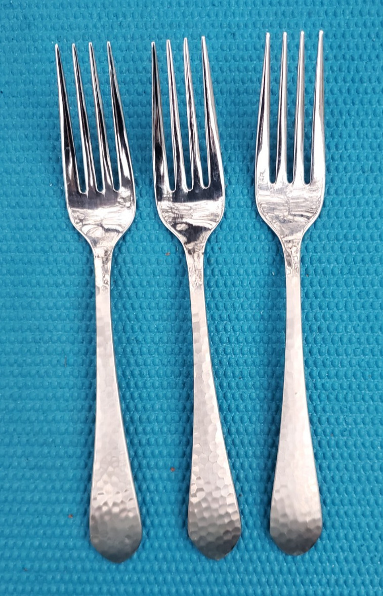 3-Reed & Barton Hammered Antique 18/8 Stainless DINNER FORKS 7 7/8" gallery