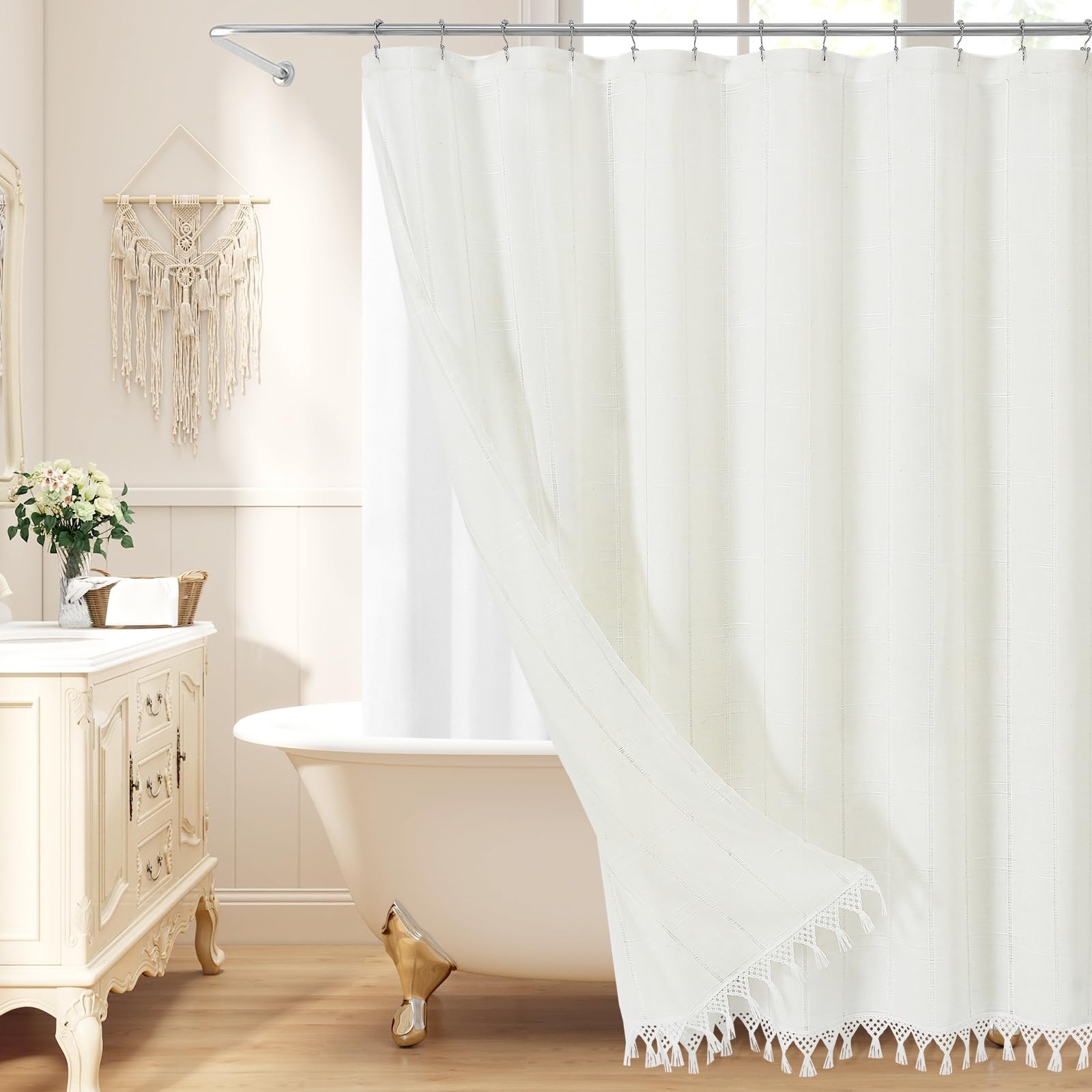 Linen Boho Farmhouse Shower Curtain Set with Tassel, Modern Bohemian French gallery