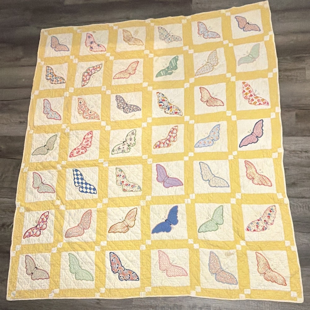 Patchwork Quilt Yellow & White w/ Multicolor Butterfly Squares Coverlet 63” x 73