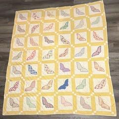 Patchwork Quilt Yellow & White w/ Multicolor Butterfly Squares Coverlet 63” x 73