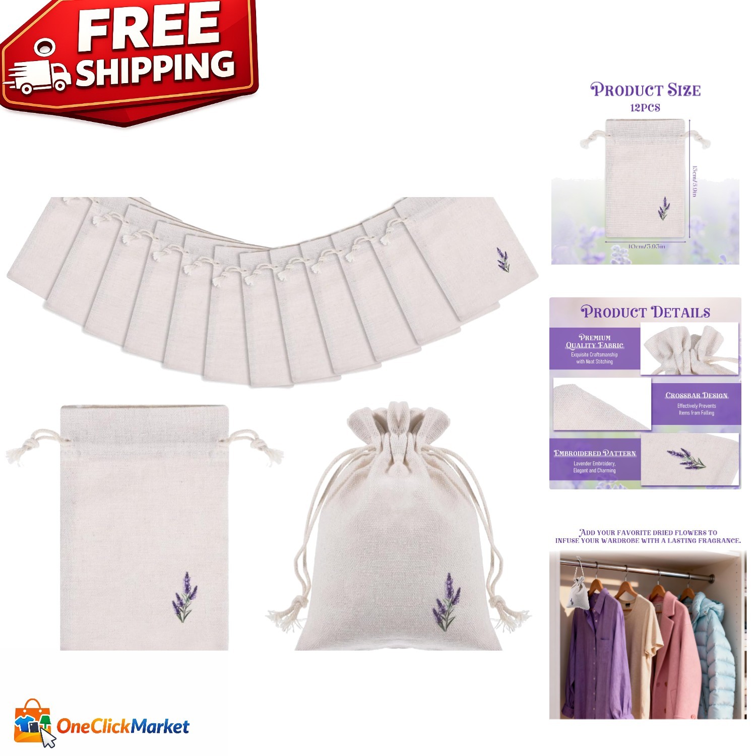 Set of 12 Cotton Lavender Drawstring Bags - Elegant & Versatile Organization gallery