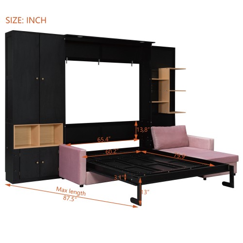 Queen Size Murphy Wall Bed with Sofa & Shelves Cabinets Saving Wood Hidden Beds gallery