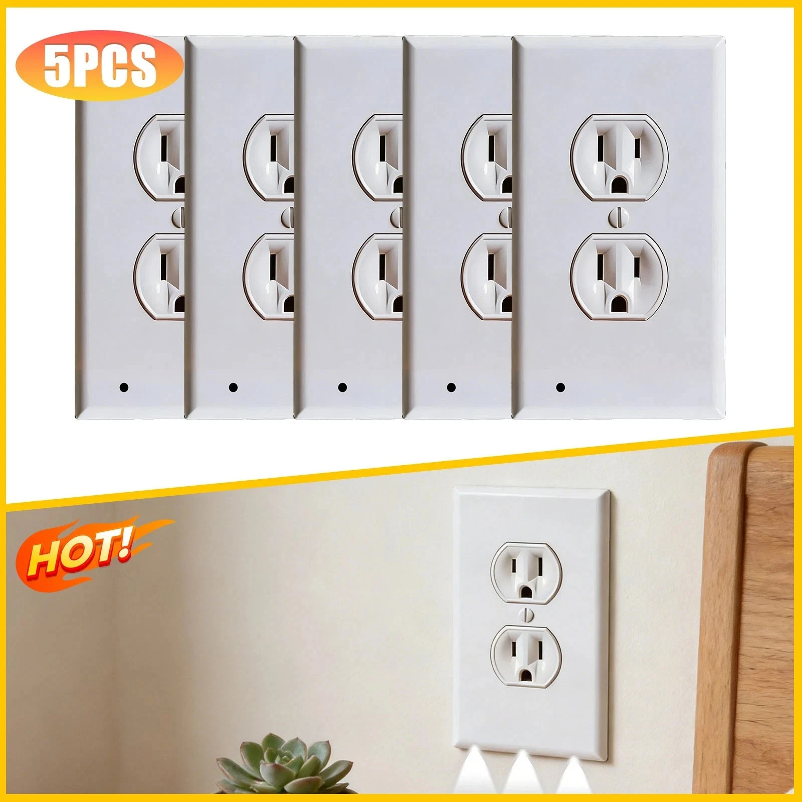 5 Pack Outlet Cover Built-In LED Night Light Bulbs Wall Plate Rounded Receptacle gallery