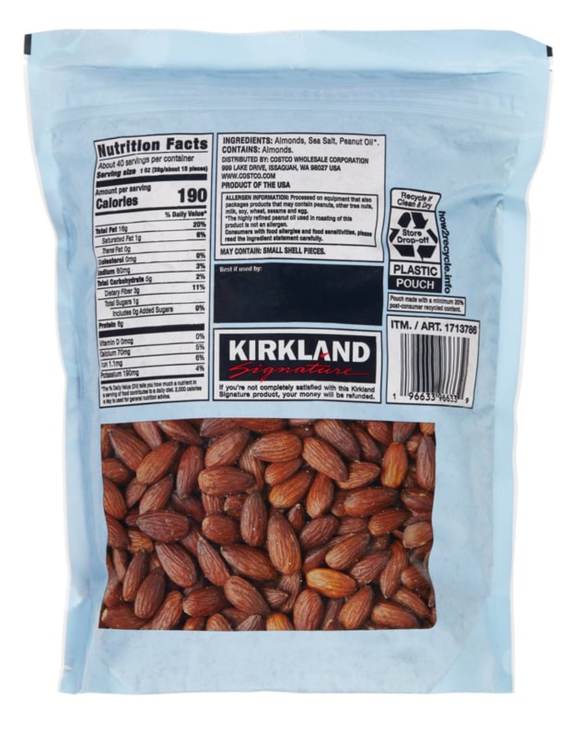 Kirkland Signature Roasted Almonds with Sea Salt 40 Oz (2.5 Lb) EXP 06/2027 gallery