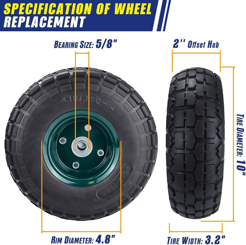 2 Pcs 10" Flat Free Tires Solid Pneumatic Tires Wheels, 4.10/3.50-4 Air Less Tir gallery