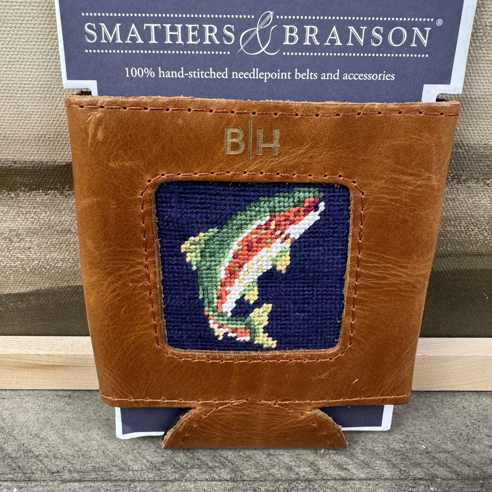 Mark & Graham Smathers & Branson Leather Needlepoint Can Cooler Trout “BH” Read gallery