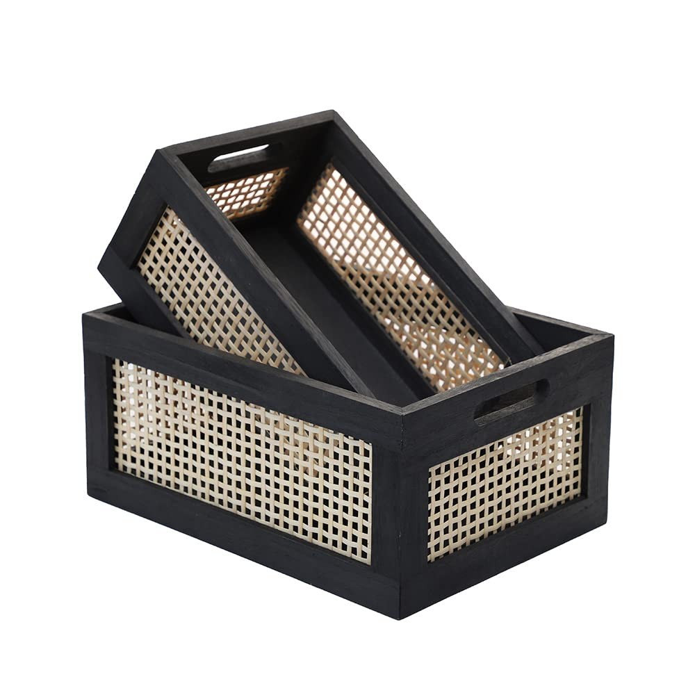 Wood Baskets, Rattan Storage Baskets for Organizing, Black, Set of 2 gallery