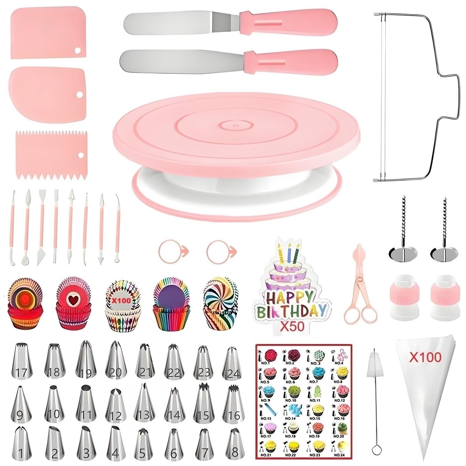 298 Pcs Cake Decorating Kit with Turntable Pink Baking Supplies Set gallery