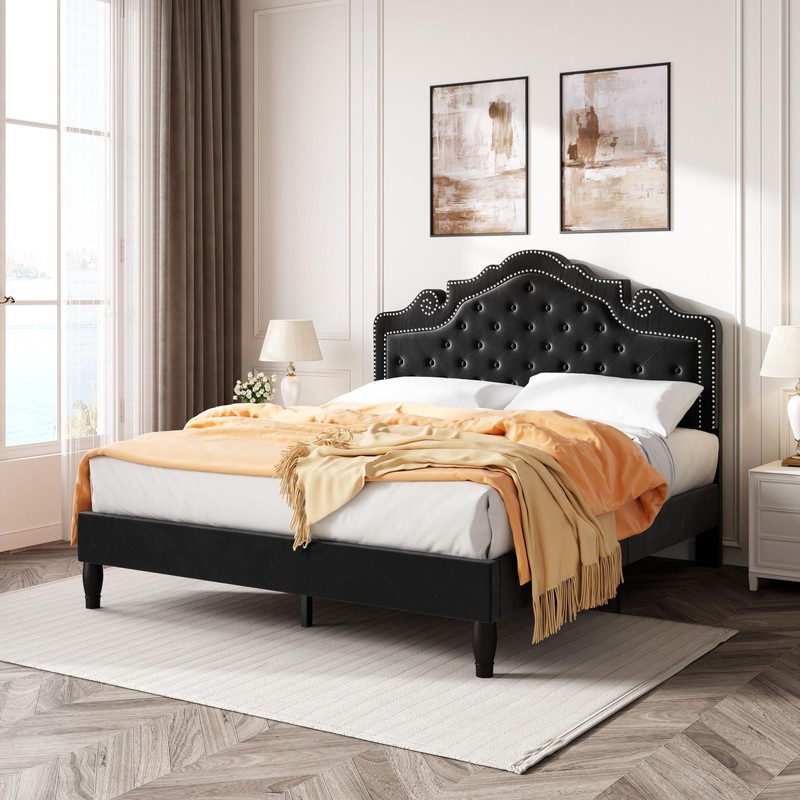 SHA CERLIN Queen Bed Frame with Adjustable Headboard/Velvet Upholstered/Diamond gallery