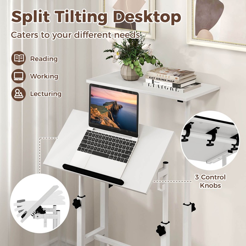 Height Adjustable Mobile Standing Desk w/Tiltable Desktop & 2 Hanging Hooks gallery