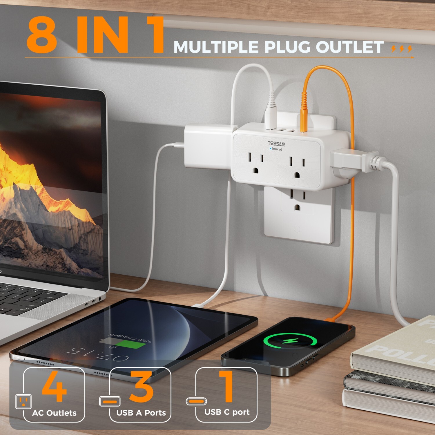 Multi Plug Outlet Extender Wall Surge Protector with 4 AC 4 USB Ports Charging gallery