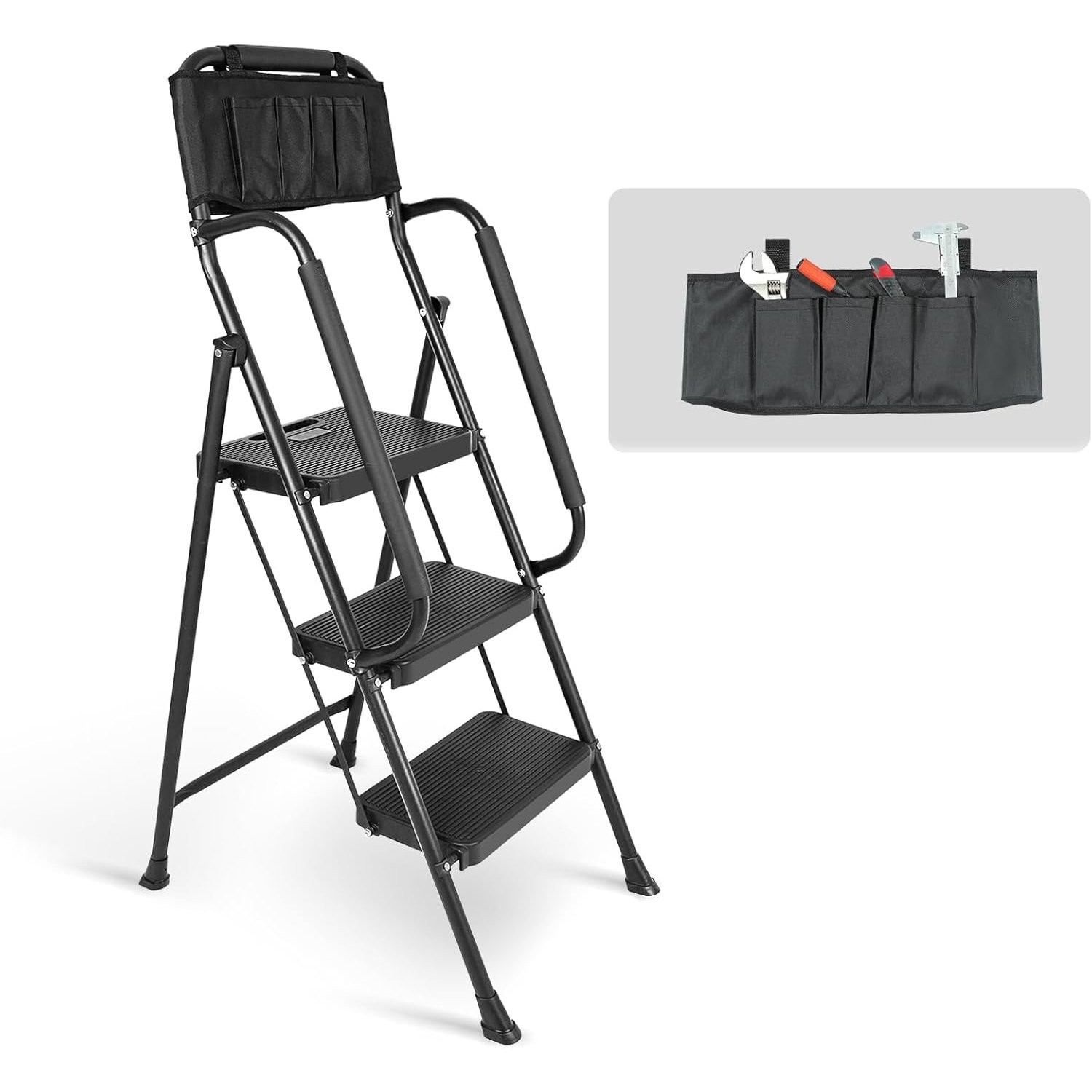 3 Step stool Ladder with Handrails 500 lbs folding Attachable Tool gallery