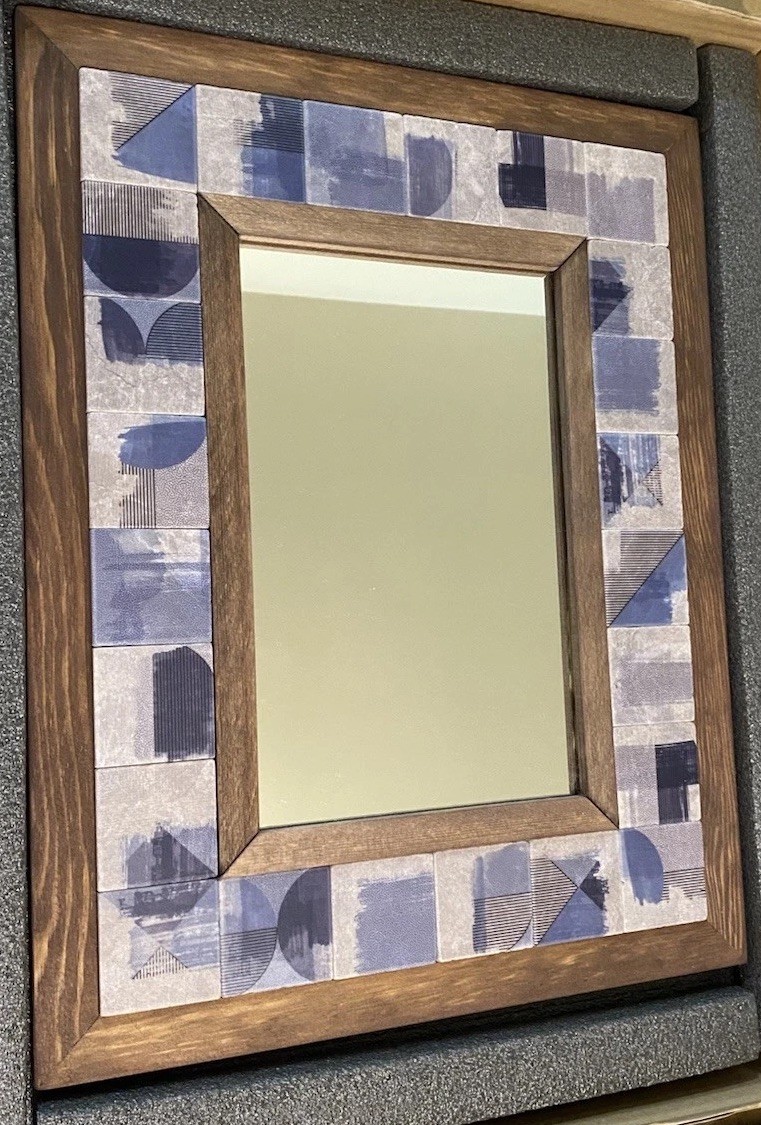 Handcrafted Wall Mounted Mirror in Solid Wood Frame with Pattern Marble Tile gallery