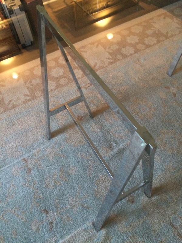 Heavy Glass Top Rectangular Dining Table. Beveled Edge. Stainless Steel Bases. gallery