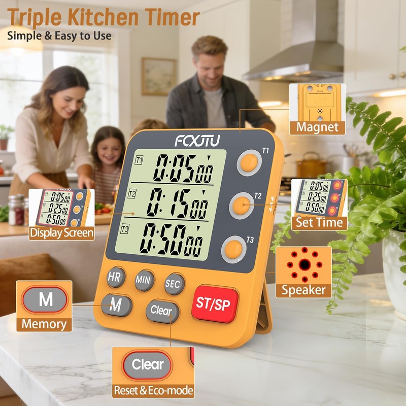 FCXJTU Digital Dual Triple Kitchen Timer, 3-Channel Magnetic Countdown Timer ... gallery