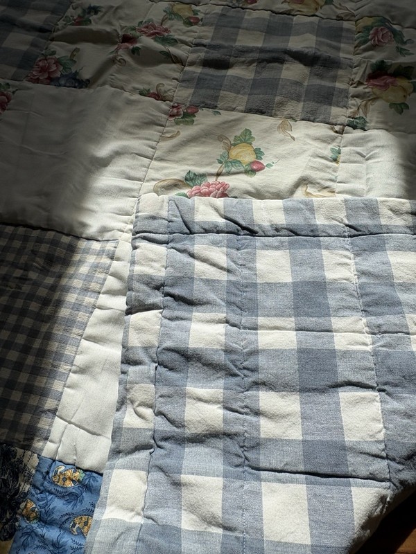 Vintage Handmade Machine Stitched Heavy Floral & Gingham Block Quilt 66x62” gallery
