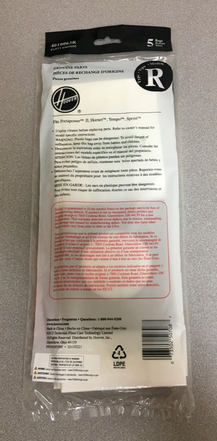Hoover 4010063R Type R Vacuum Cleaner Bags 5-Pack gallery