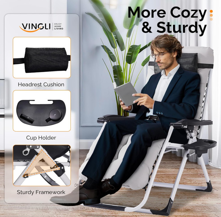 VINGLI Padded Zero Gravity Chair, Lounge Chair with Removable Cushion & Tray gallery