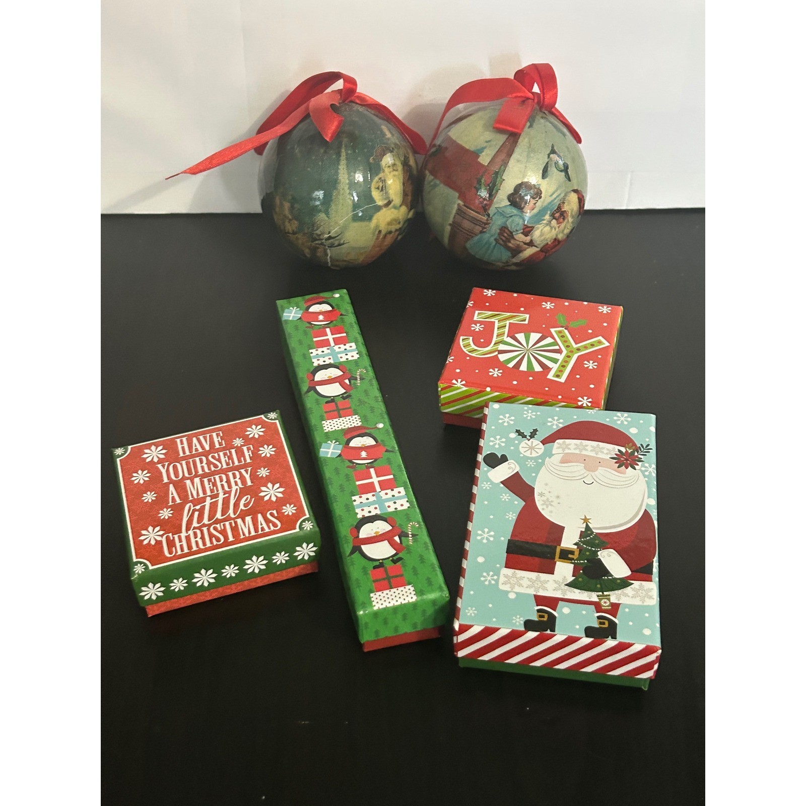 Bulk Lot Christmas Ornament Gift Box Set Santa Penguin Joy Vintage Style Decor gallery