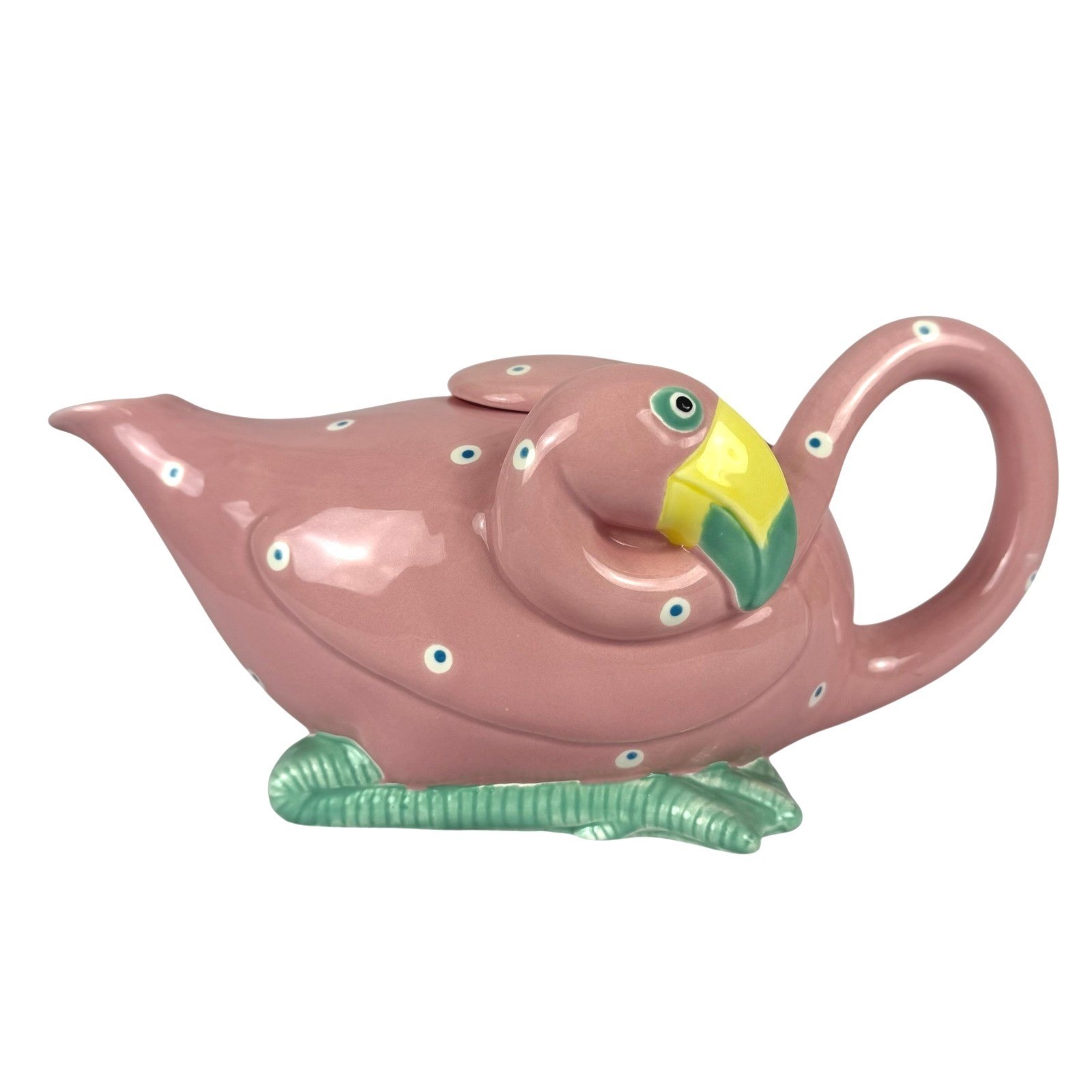 Fitz & Floyd Pink Flamingo Teapot Polka Dot Ceramic 1985 Light Pink gallery