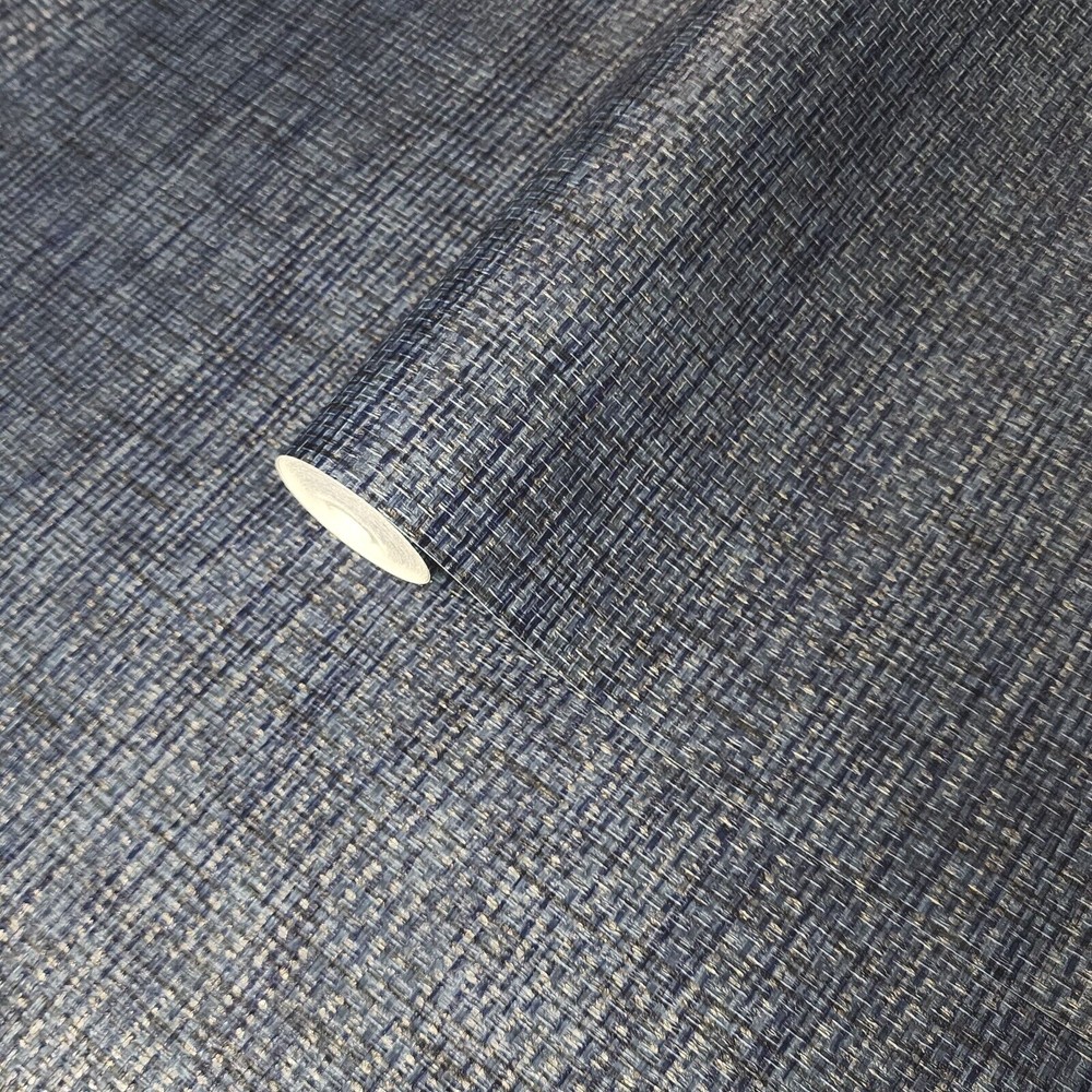 Plain dark blue silver faux paper weave grasscloth woven textured wallpaper roll