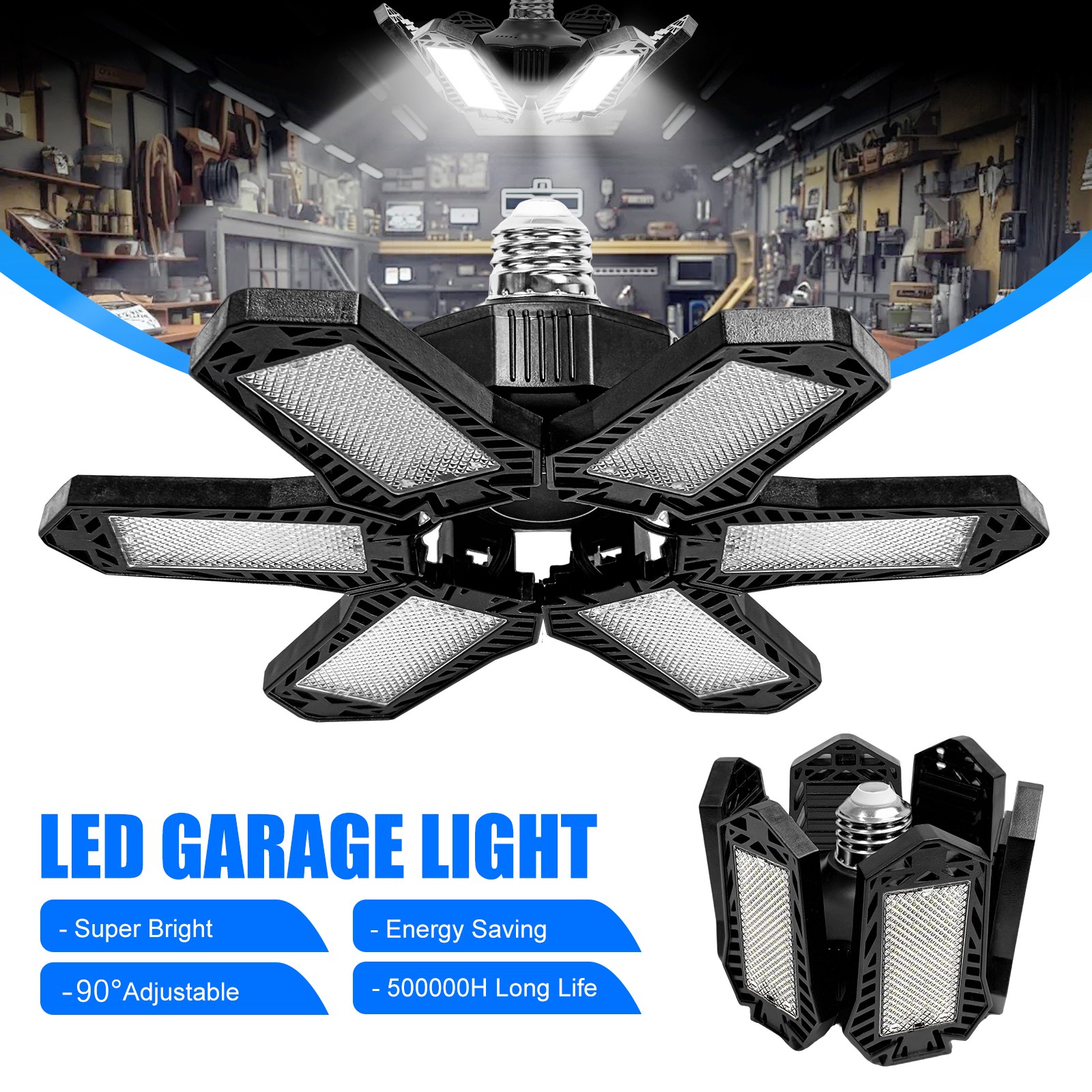 Garage Light LED Bulb Bright 6 Deformable Panels Work Shop Ceiling E26 Screw-in gallery