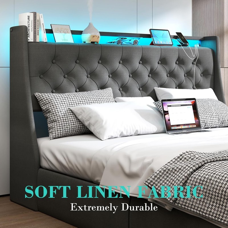 Full Queen Storage Bed Frame with LED Light,Upholstered Headboard &Charging Port gallery