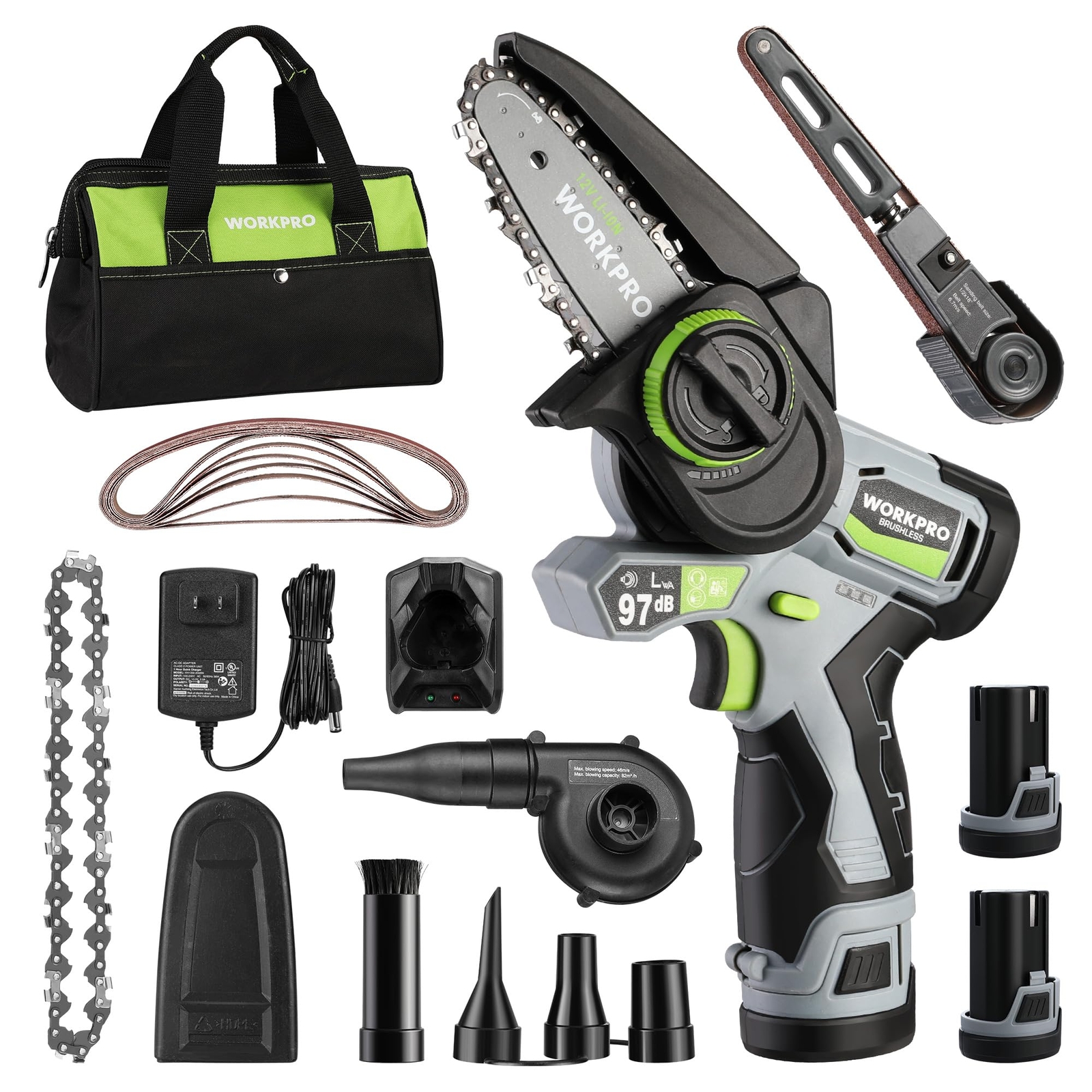 Cordless Detail Belt Sander Mini Chain Saw Electric Blower 3-in-1 Power Tool Kit gallery