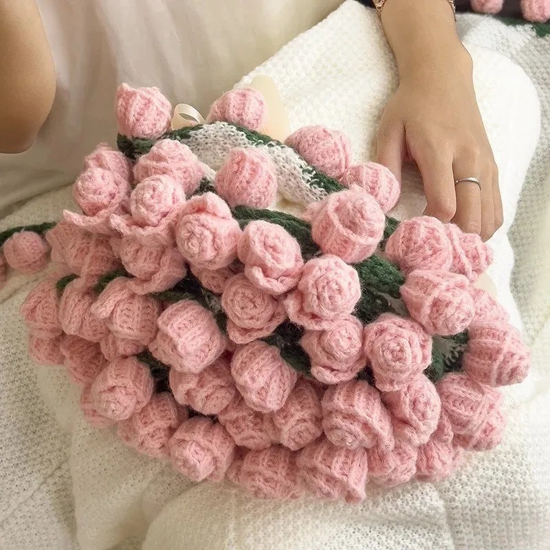 Crochet Rose Flower Bouquet Throw Blanket Handmade Knitted Gift with Bag gallery