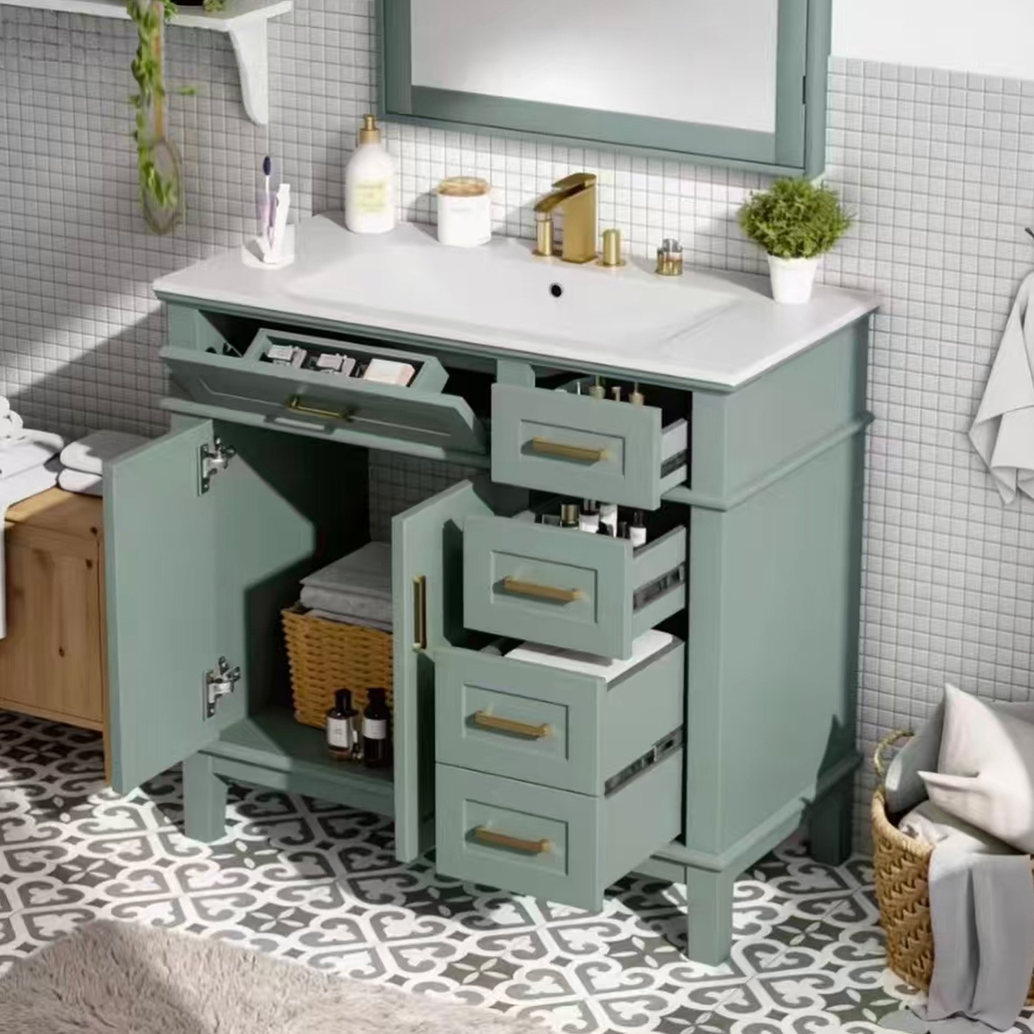 36''Light Green Bathroom Vanity Sturdy Construction Freestanding Bathroom Vanity gallery