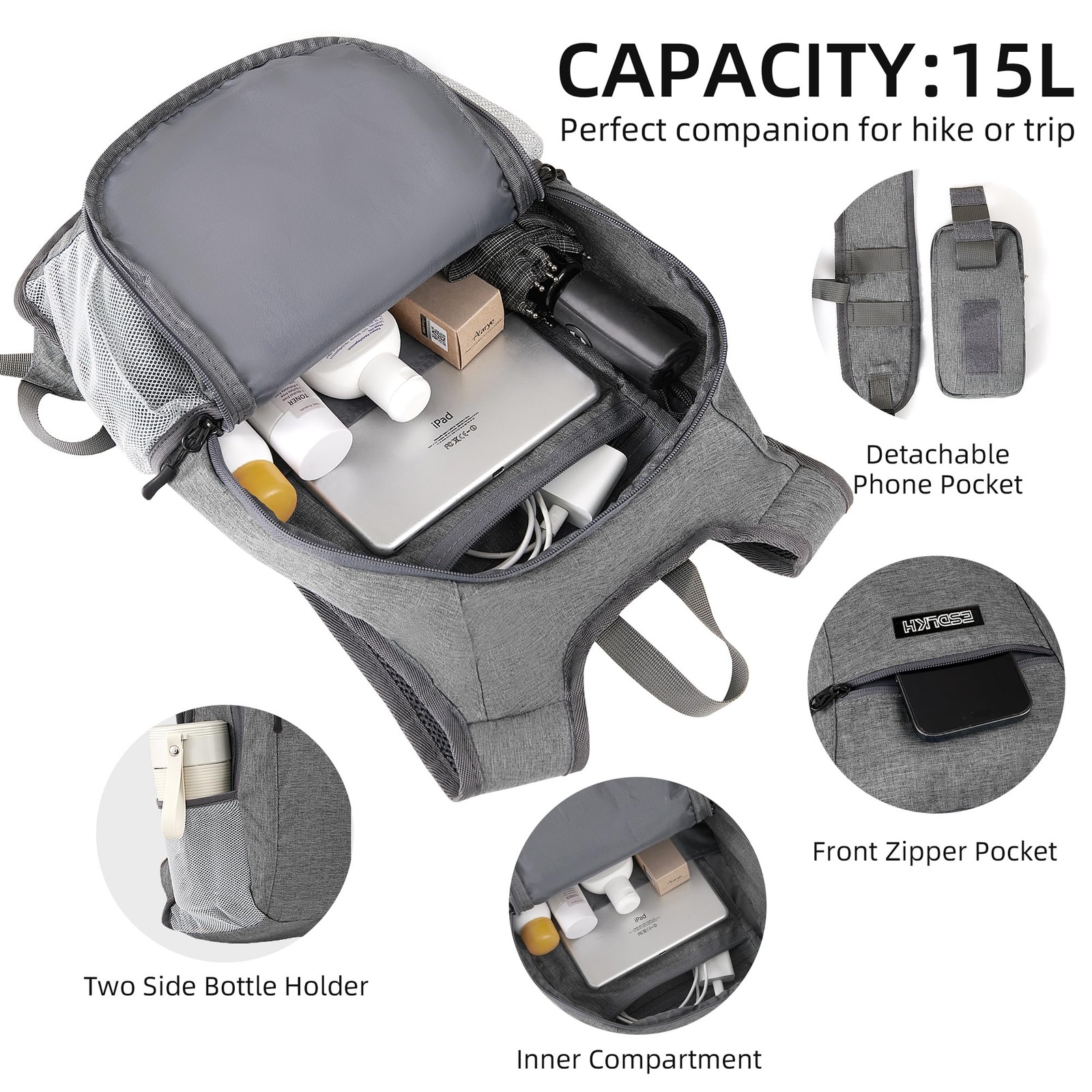 Small Hiking Backpack with Detachable Front Holder, Foldable Packable Back pa... 5