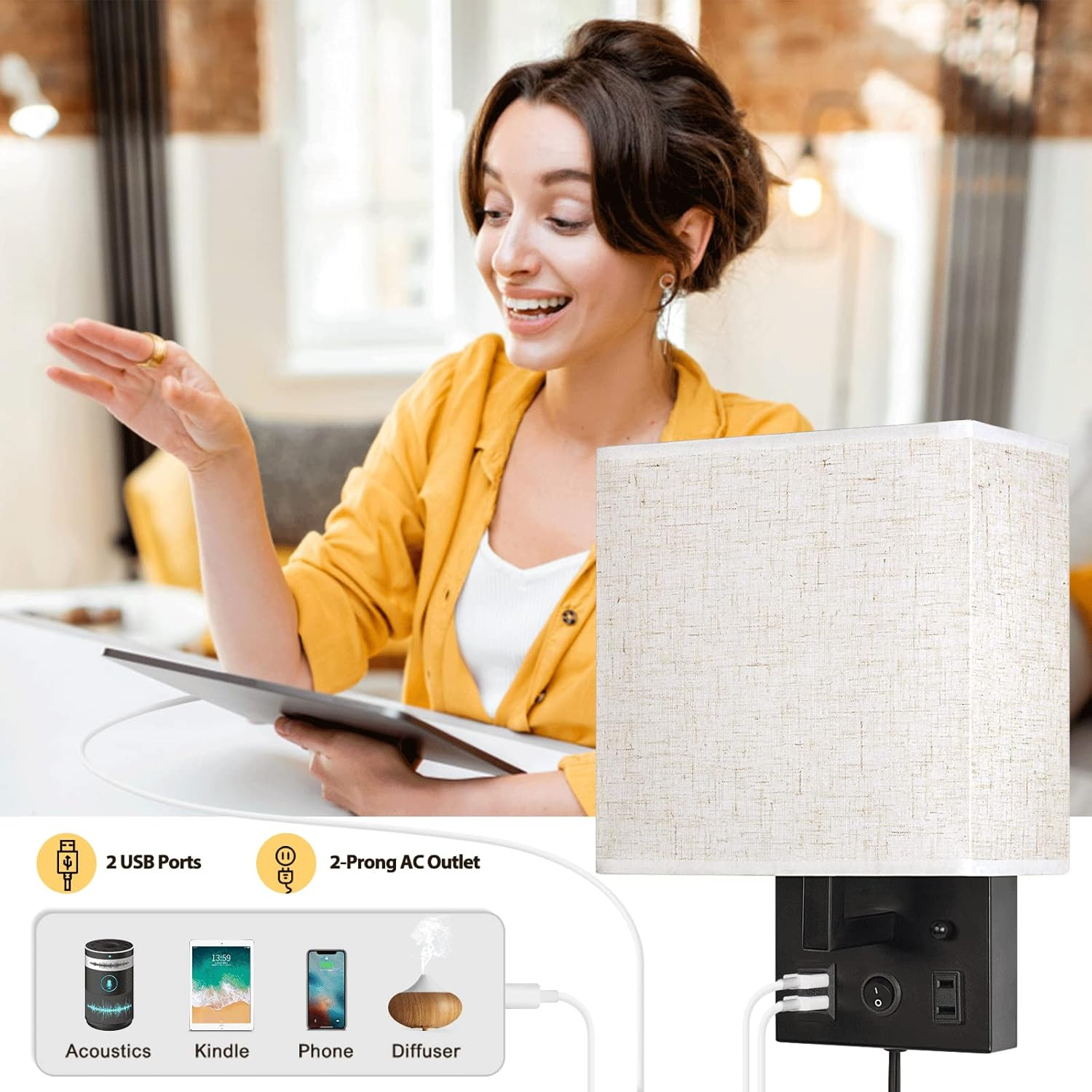 Bedside Wall Lamp Set of 2, Plug in Wall Sconce with USB Charging Port and AC Ou gallery