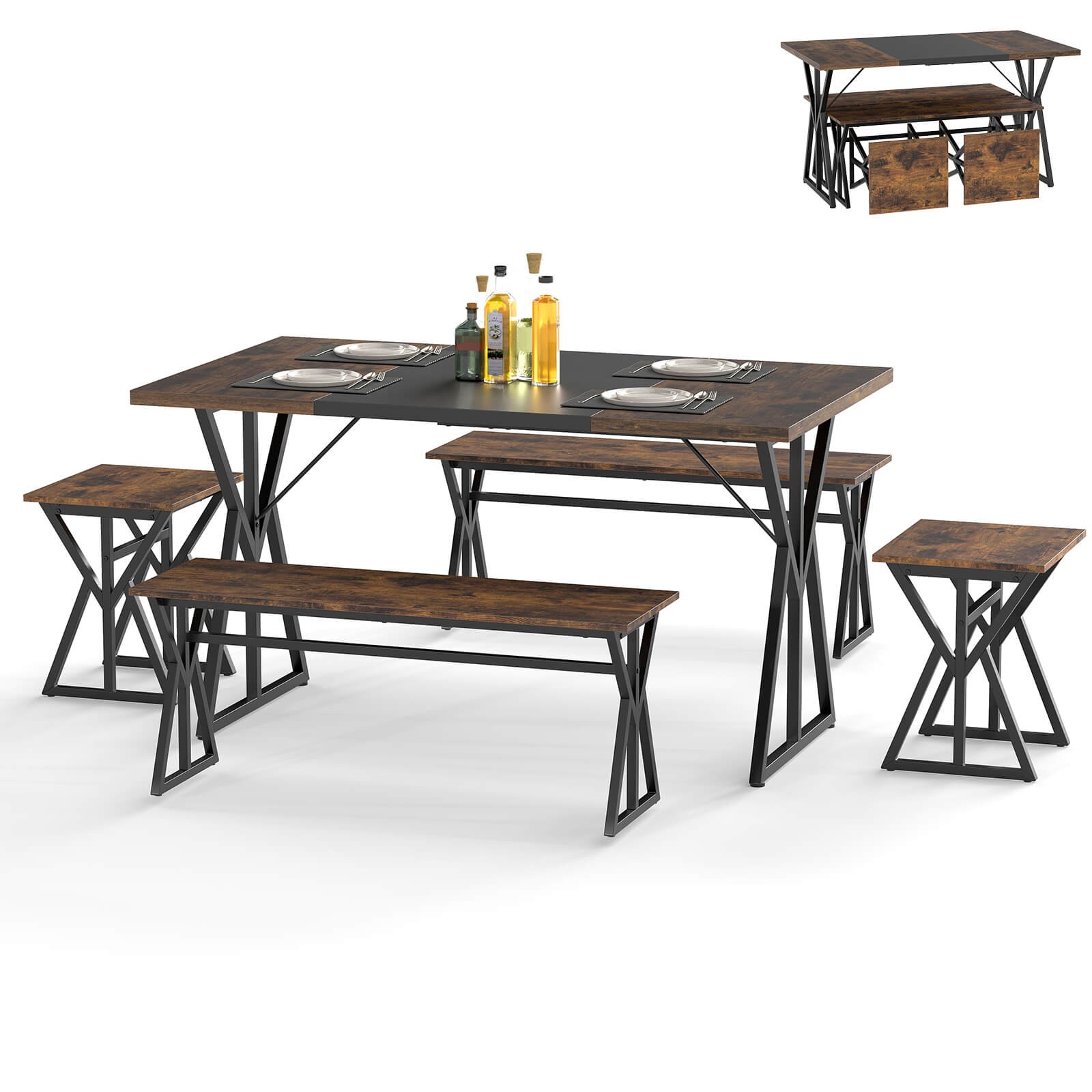 5-Piece Dining Room Set with 2 Benches & 2 Stools, Metal Frame for Small Room gallery