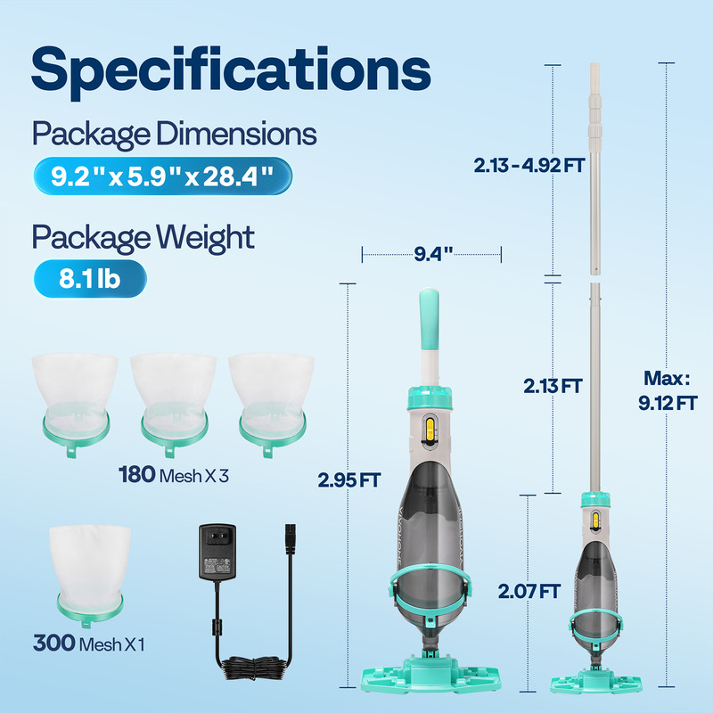 Cordless Rechargeable Pool Vacuum Handheld Cleaner w/ Telescopic Pole 60min IPX8 gallery