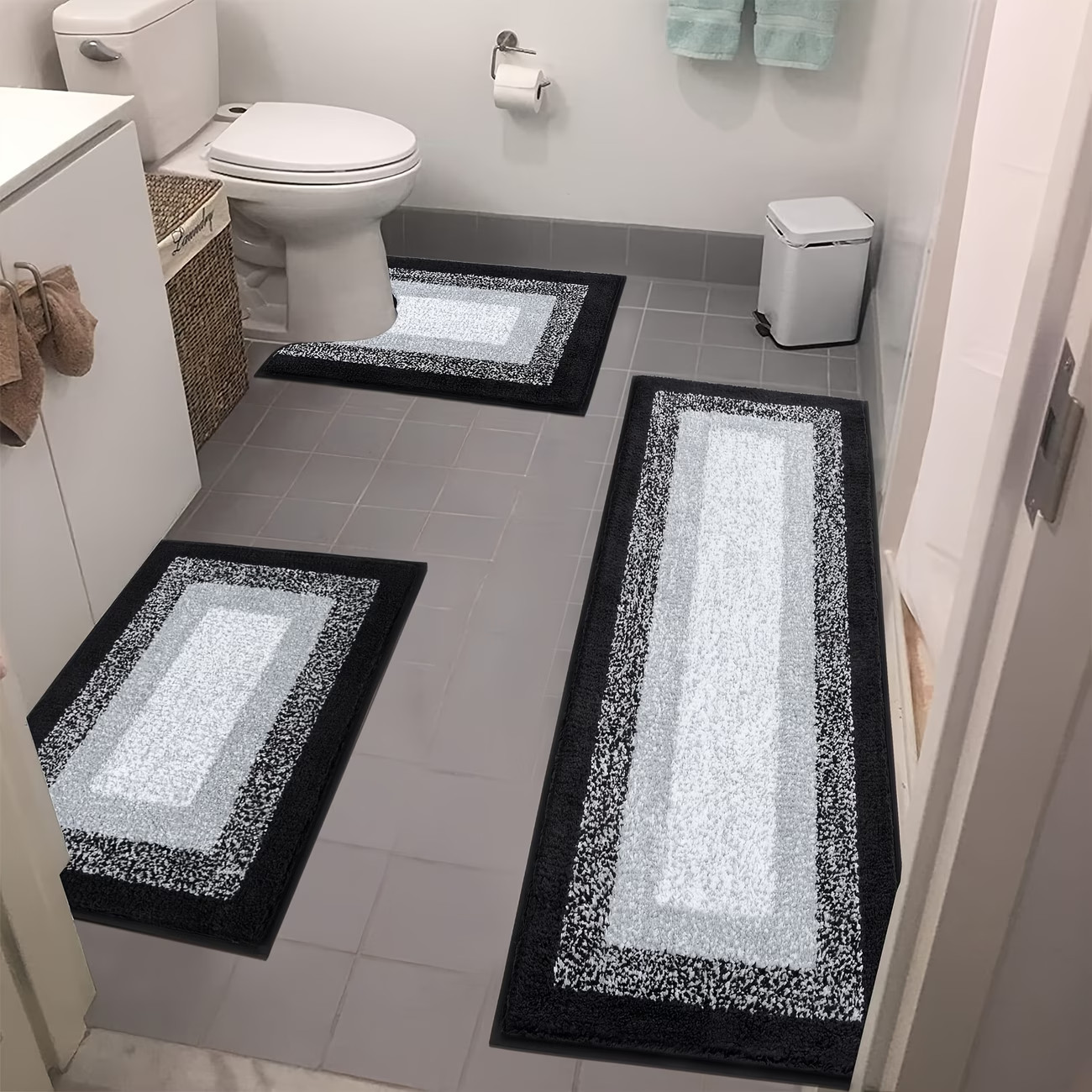 3Pc Plush Bathroom Rug Set Non-Slip Shaggy Absorbent Bath Mat Contour Toilet Rug gallery