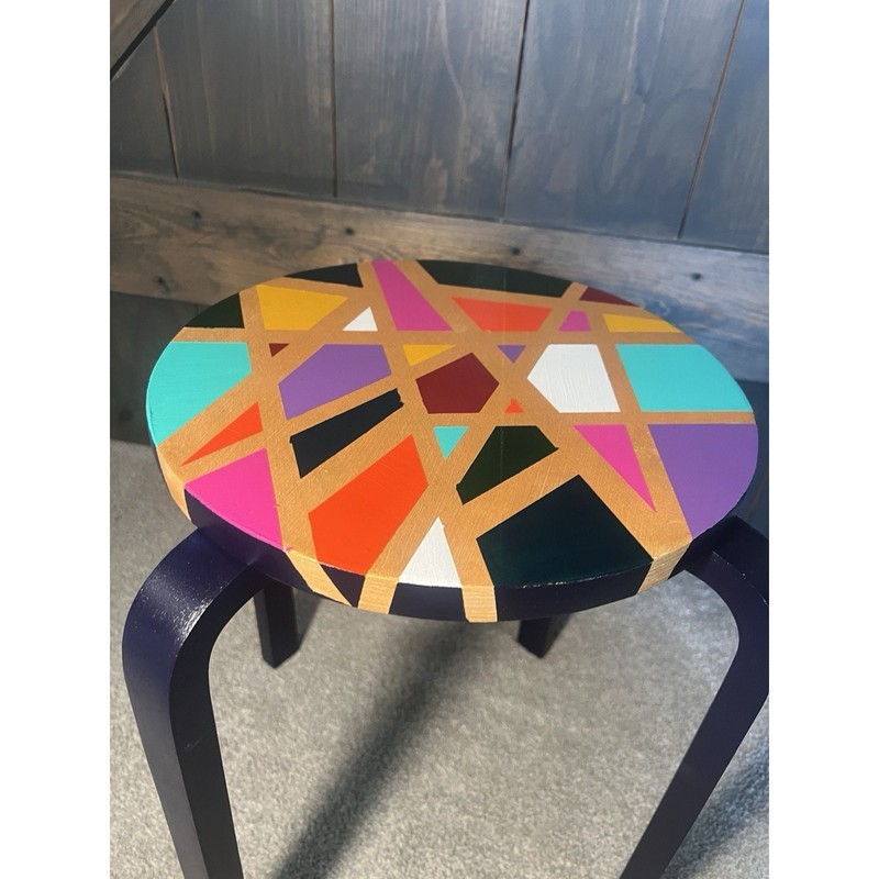 Hand-Painted Side Table Unique Colorful Navy Blue Legs Gold Geometric Boho gallery