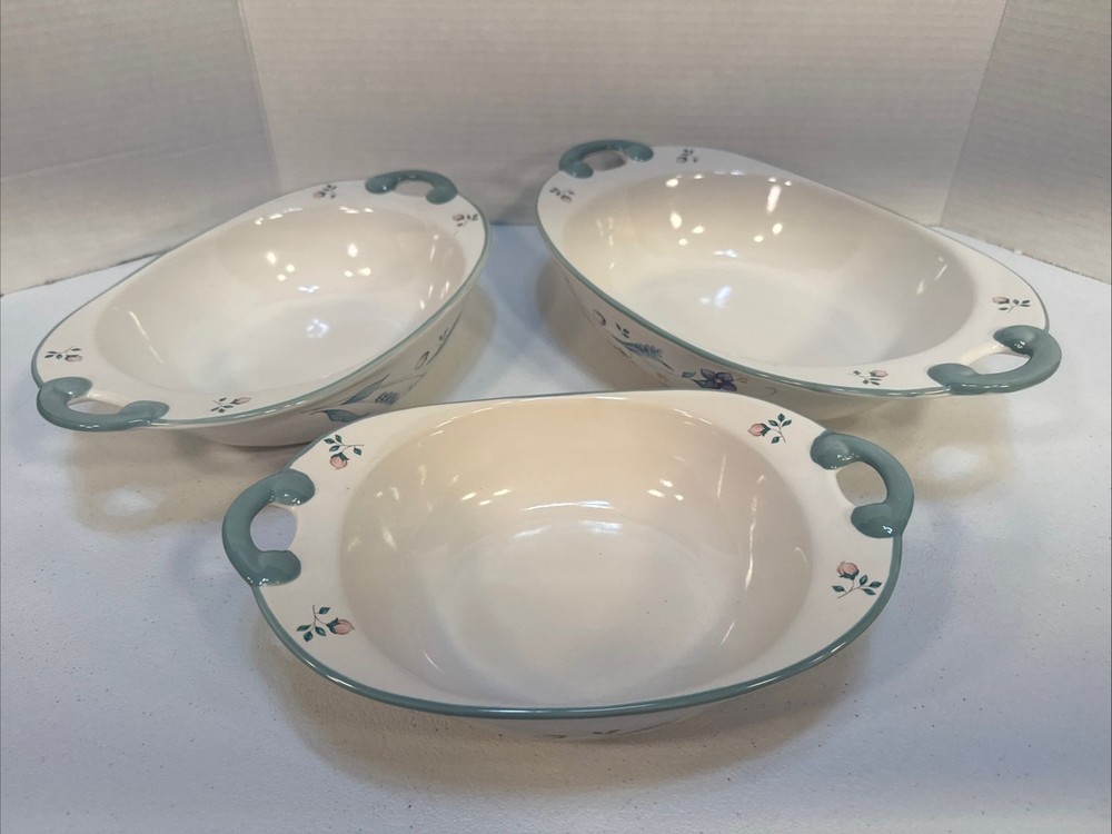 Pfaltzgraff April Oval Serving Dish Set of 3 White Floral Stoneware Purple Teal