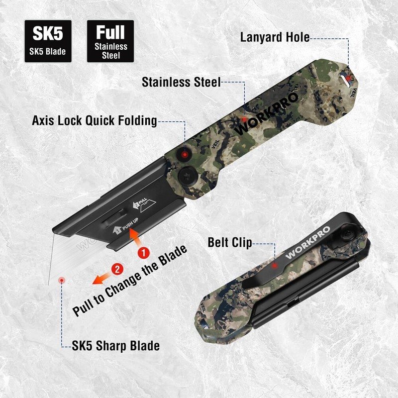 WORKPRO 3 PK Folding Utility Knife Set Axis Lock Box Cutter with Belt Clip Camo gallery