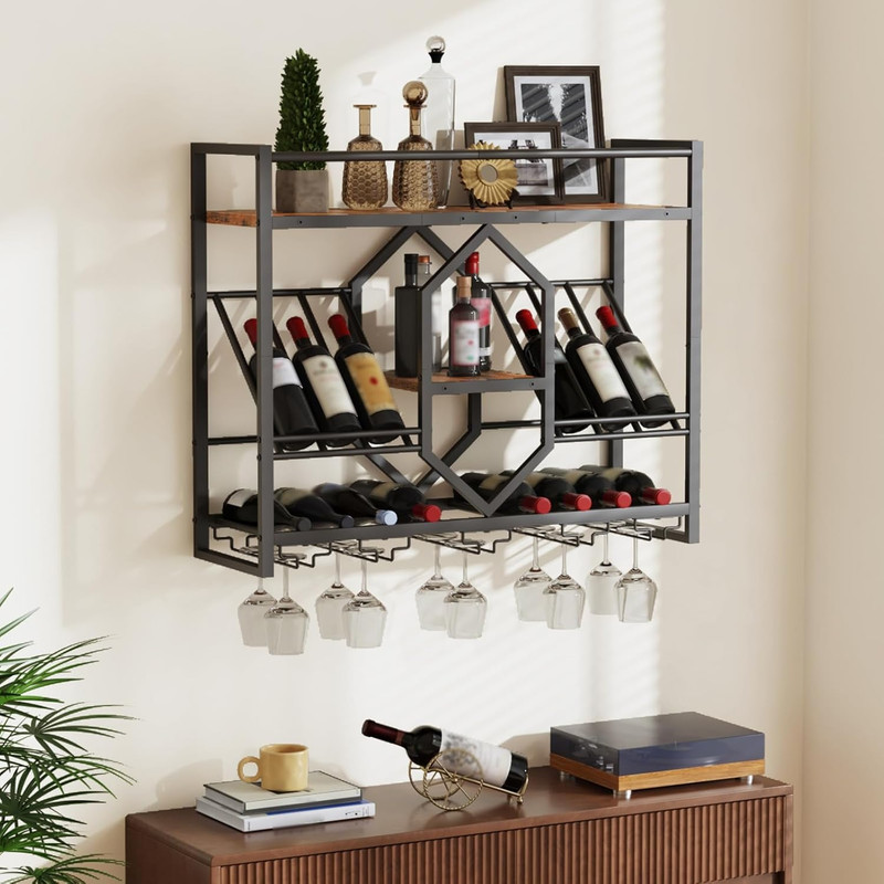 LED Wall Mounted Wine Rack, 3 Tier Shelf with Glass Holder, Rustic Brown & Black gallery