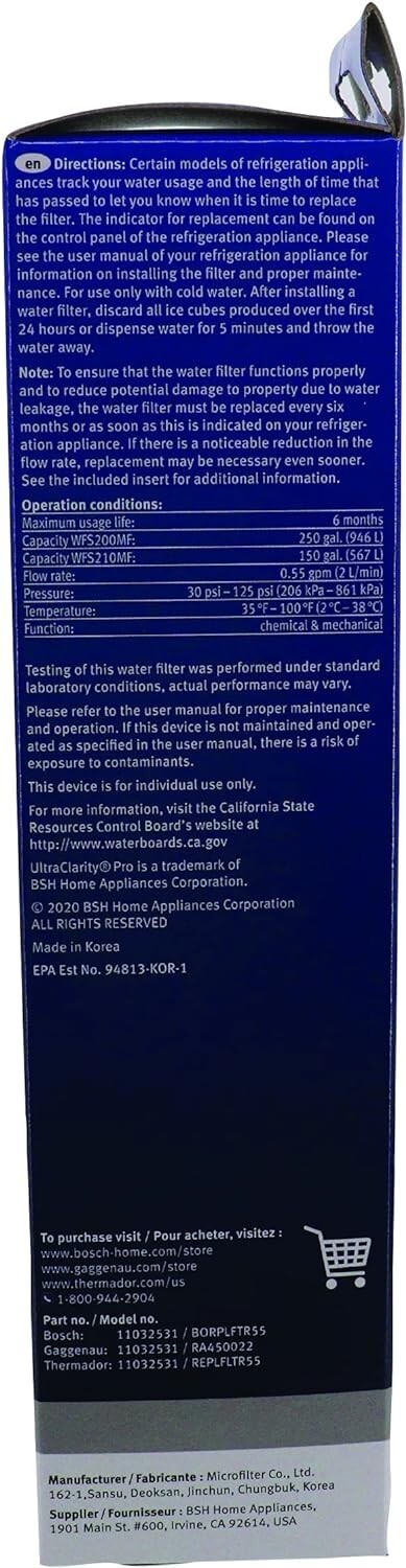 1 PACK Bosch Ultra Clarity Pro BORPLFTR50 Water Filter Blue #WFS200MF/WFS210MF gallery