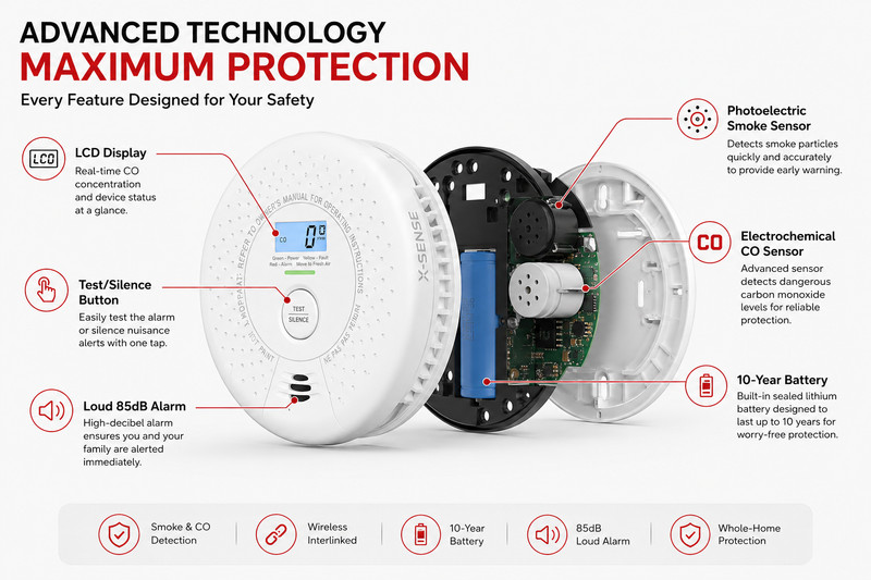 X-Sense SC01-W Wireless Interlinked Combo Smoke & Carbon Monoxide Alarm - 6-Pack gallery