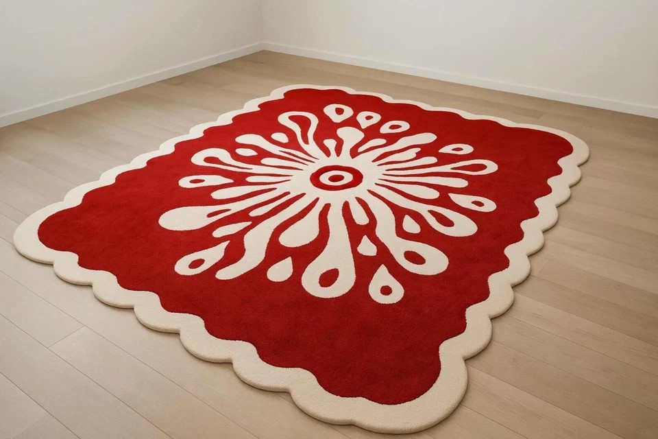 Hand-Tufted Wool Rug | Red & White Floral, Scalloped Edge gallery