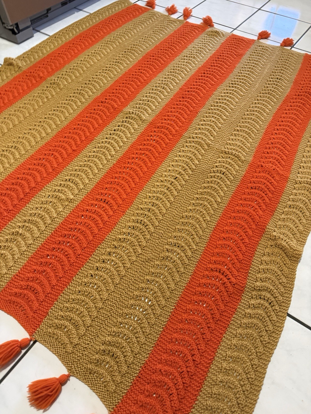 VTG Handmade Afghan Orange Gold MCM Retro Striped Cottage Granny Tassels 54x67 gallery